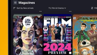 An iPad on a yellow background showing movie magazines in the Readly app