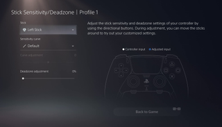 DualSense Edge-menu voor stick-gevoeligheid en -deadzones