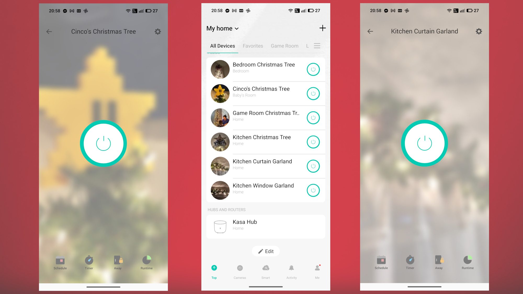 A series of screenshots from the TP-Link Kasa app showing how its smart plugs can make controlling your holiday lighting so much easier