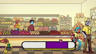 Screenshot of The Big Con, showing a blue haired teen about to pickpocket someone in a supermarket