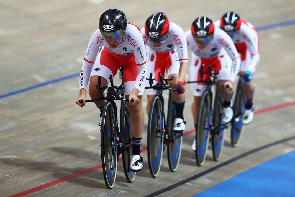 Yumi Kajihara, Kie Furuyama, Kisato Nakamura and Miho Yoshikawa of Japan compete in the Women's Team Pursuit qualifying on day one of the UCI Track Cycling World Championships