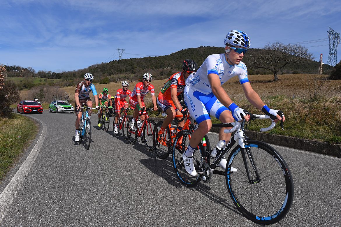 Charles Planet (Novo Nordisk) leads the breakaway on stage 2 of Tirreno-Adriatico