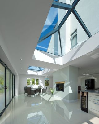 The interior of an extension with glazed roof lanterns from Korniche