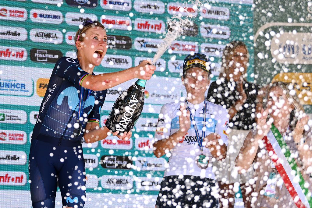 ALDENO ITALY JULY 08 Annemiek Van Vleuten of Netherlands and Movistar Team celebrates at podium with champagne as stage winner after the 33rd Giro dItalia Donne 2022 Stage 8 a 1047km stage from Rovereto to Aldeno GiroDonne UCIWWT on July 08 2022 in Aldeno Italy Photo by Dario BelingheriGetty Images