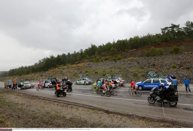 The race was neutralised after several crashes in the wet