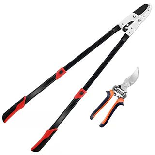 Long arm Heavy Duty Tree Trimmer with smaller handheld pair next to it. They are mainly black with red or orange highlights around the hand grip areas.