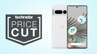 Google Pixel 7 on sky blue background with 'price cut' text overlay