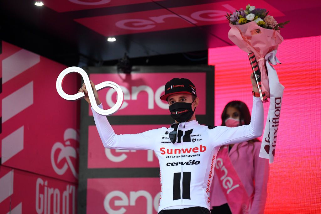 MILANO ITALY OCTOBER 25 Podium Jai Hindley of Australia and Team Sunweb 2nd Classification during the 103rd Giro dItalia 2020 Stage 21 a 157km Individual time trial from Cernusco sul Naviglio to Milano ITT girodiitalia Giro on October 25 2020 in Milano Italy Photo by Tim de WaeleGetty Images