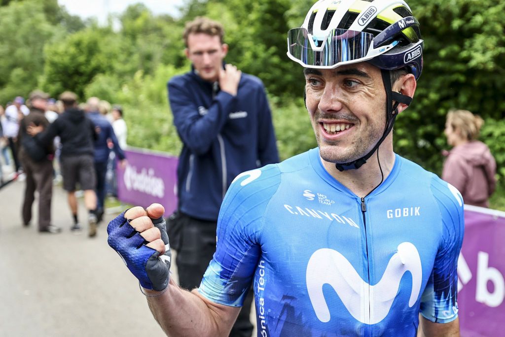 Spain&#039;s Alex Aranburu of Movistar Team celebrares after wining the stage 4 of the Baloise Belgium Tour cycling race, 177 km with start and finish in Durbuy, on June 15, 2024. (Photo by DAVID PINTENS / Belga / AFP) / Belgium OUT