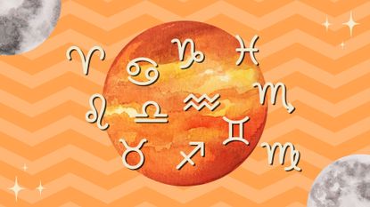 The zodiac signs and the full moon against an orange background