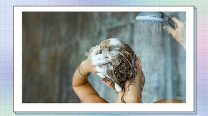 image of woman washing hair in the shower
