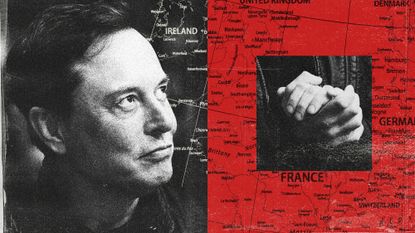 Photo composite of Elon Musk rubbing his hands and a map of Europe