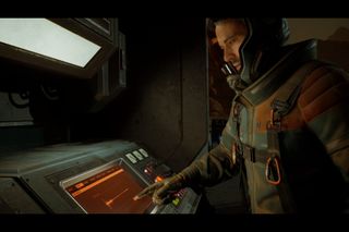 A man in a space suit receiving a distress signal on a computer screen in Fort Solis.