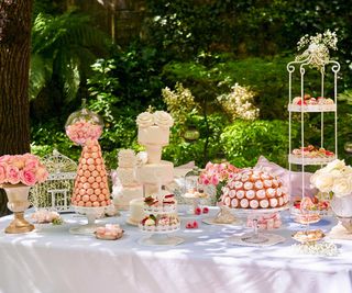 table of cakes in garden