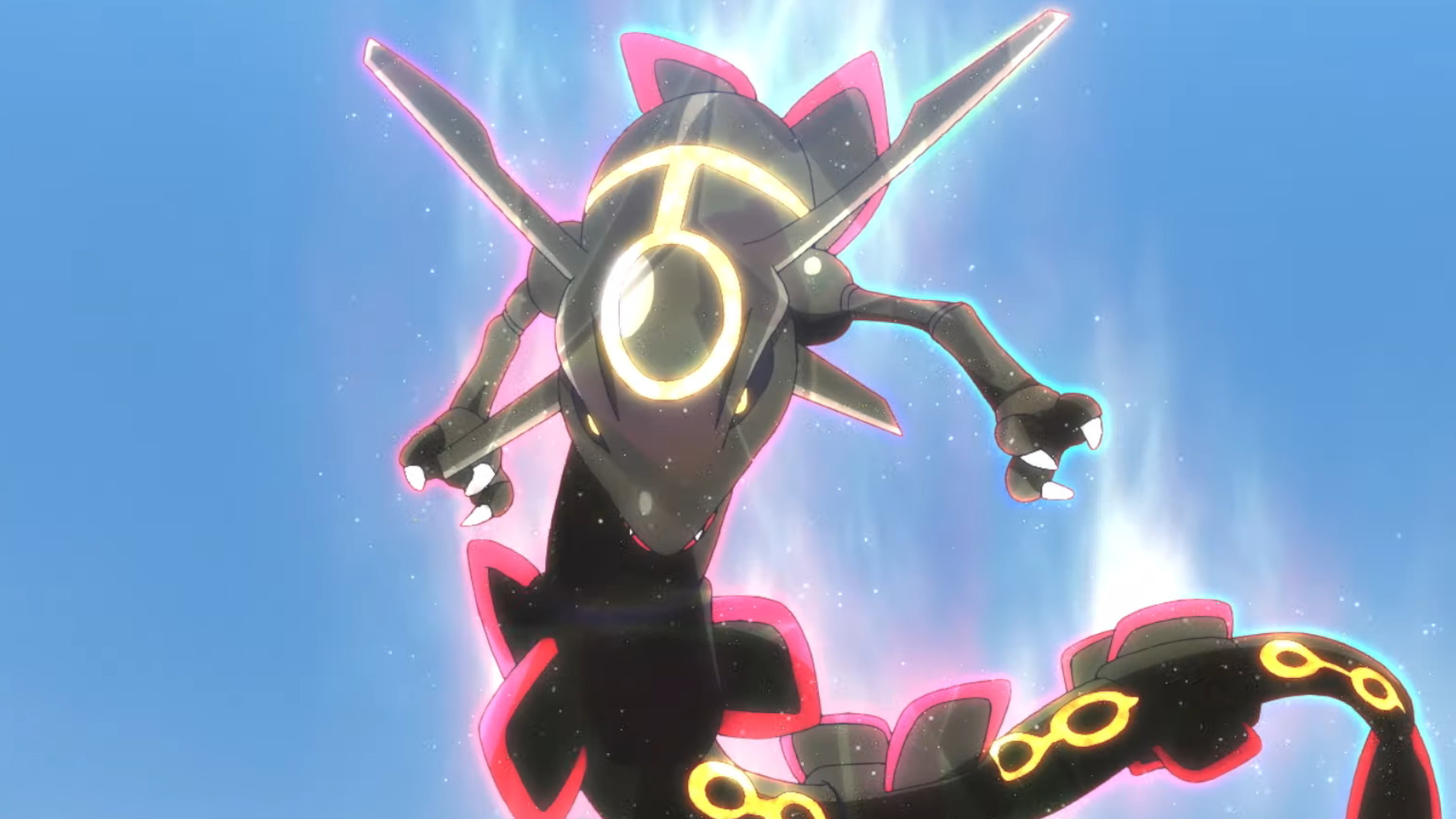 a black, shiny rayquaza from the pokemon anime in a ferocious pose against a blue sky