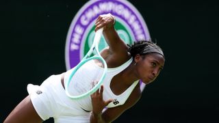 LONDON, ENGLAND - JUNE 28: Coco Gauff of the United States serves during a practice session prior to The Championships Wimbledon 2025 at All England Lawn Tennis and Croquet Club on June 28, 2025 in London, England. (Photo by Clive Brunskill/Getty Images)