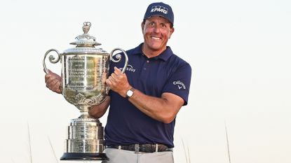 Phil Mickelson holds the Wanamaker Trophy after winning the 2021 PGA Championship