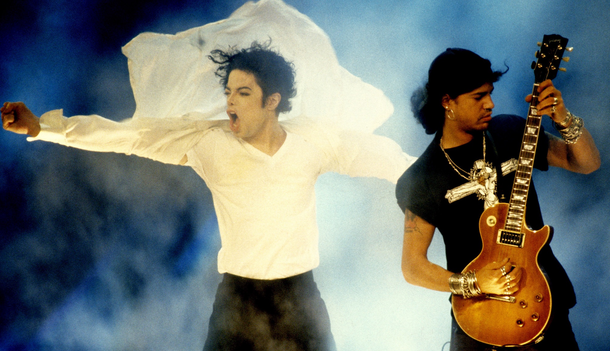 Michael Jackson (left) and Slash perform onstage at the 12th Annual MTV Video Music Awards ceremony