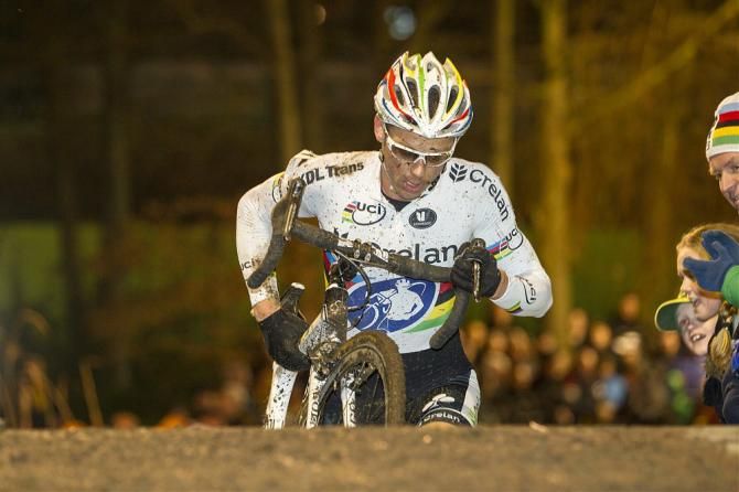 World champion Sven Nys (Crelan-KDL) runs the stairs at Diegem alone in the lead