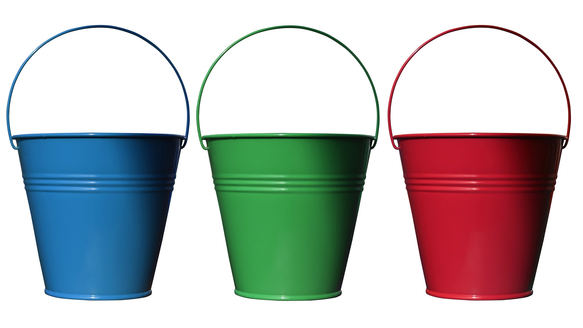 Three buckets in blue, green and red.