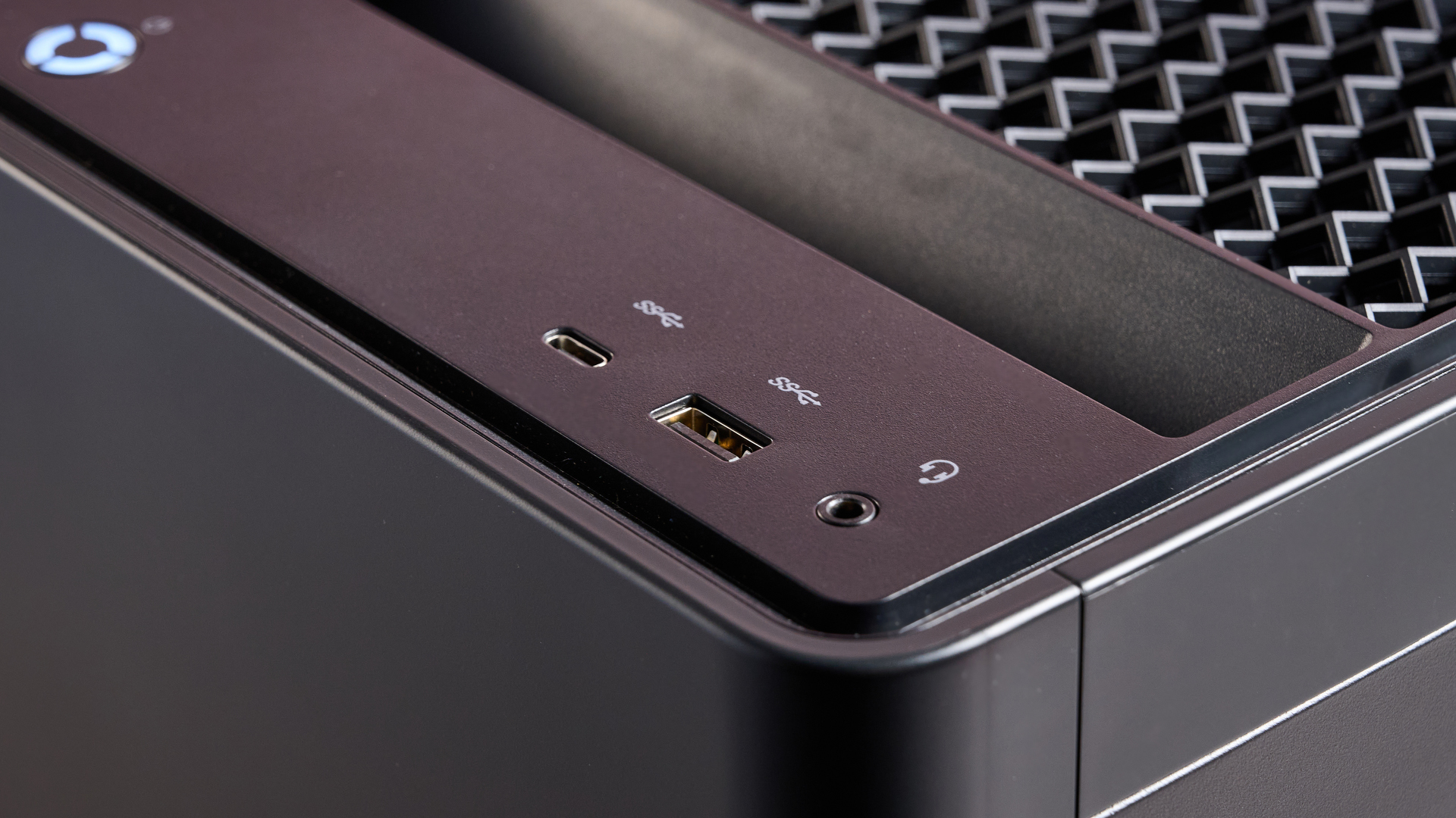 Close-up of ports on front panel of the Lenovo Legion Tower 5