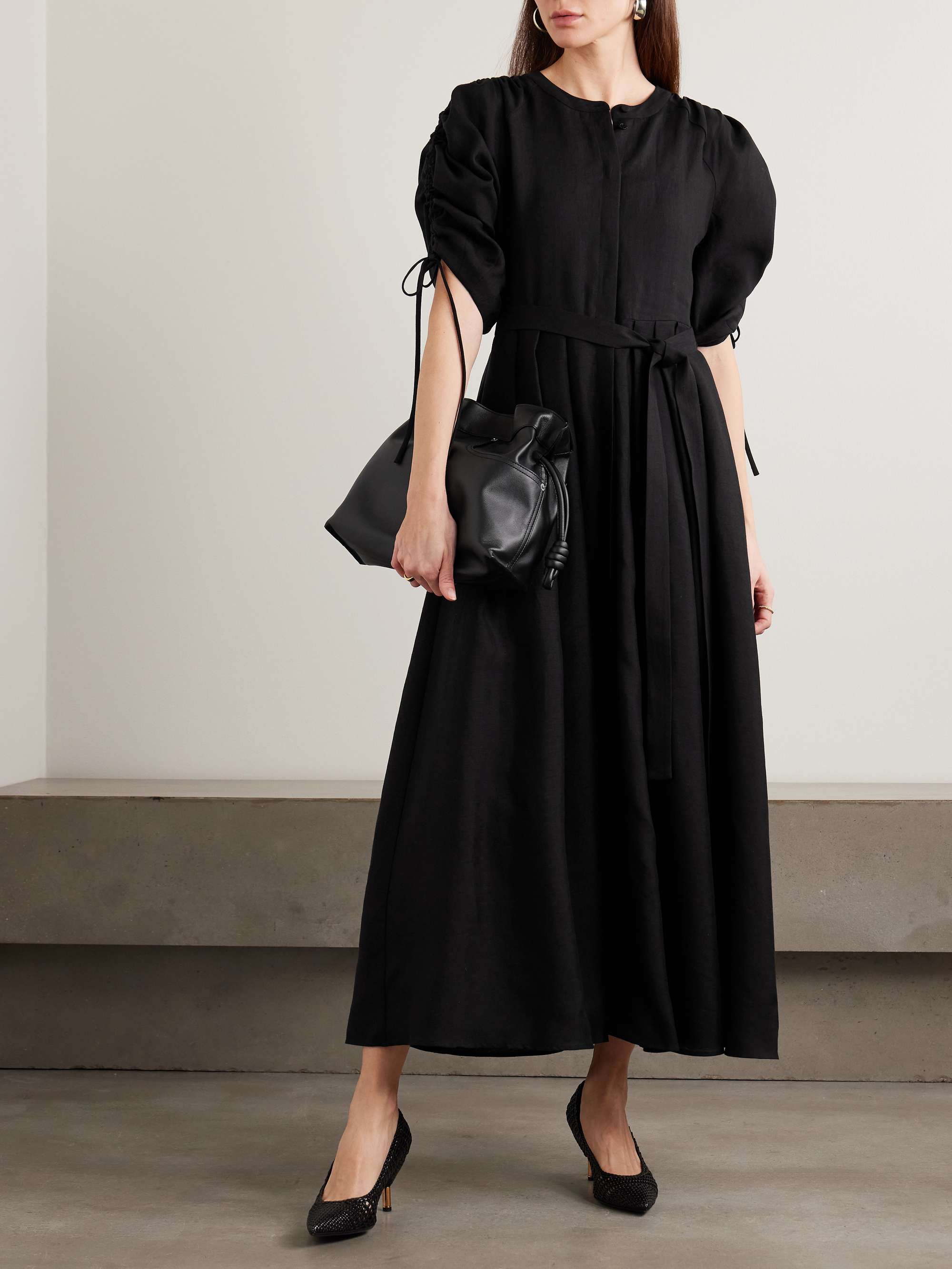 Linnea Belted Ruched Pleated Linen Midi Shirt Dress