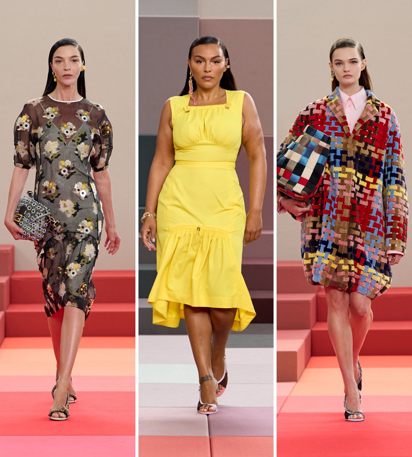mariacarla boscono, paloma elsesser and a model walk in the fendi ss26 show during milan fashion week