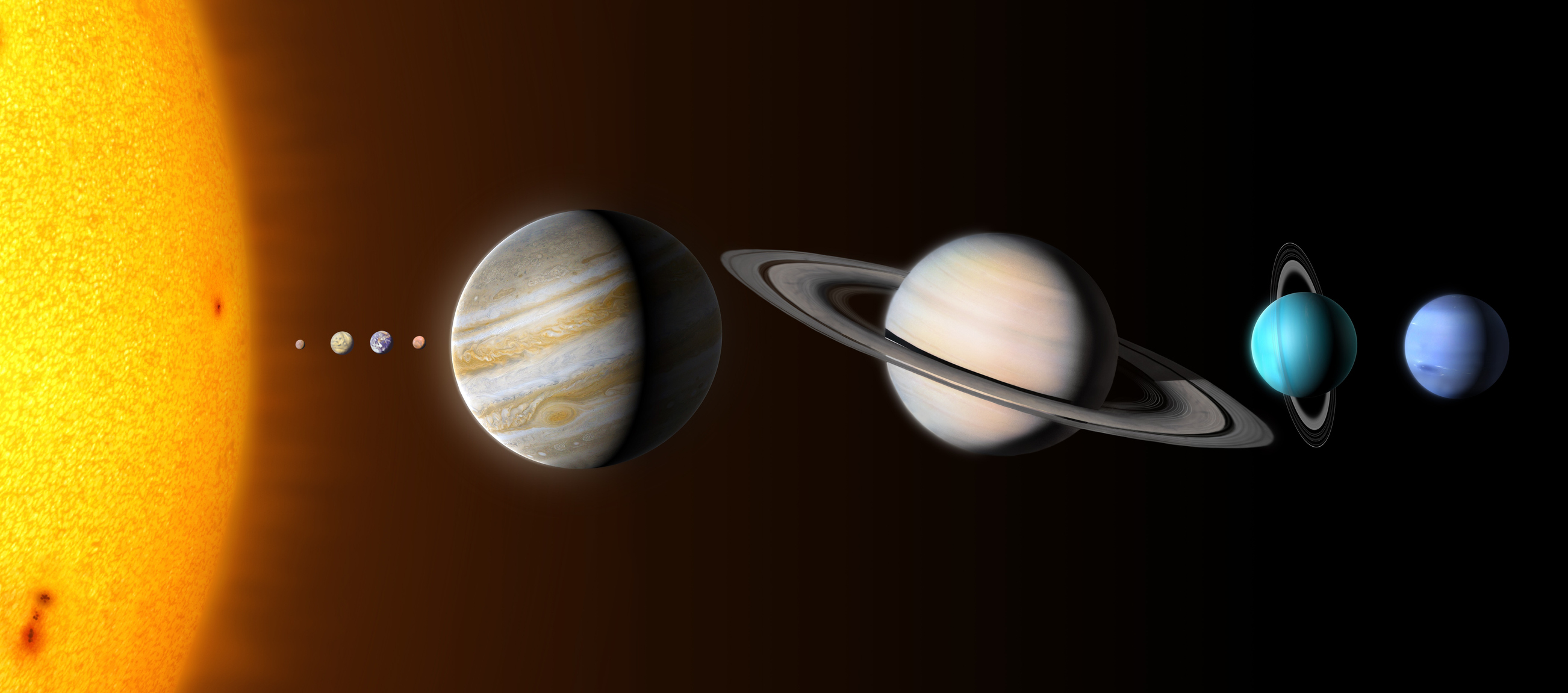 An illustration showing the planets of the solar system to scale