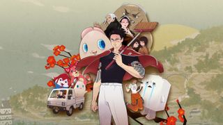 Michi, Pinky, and the rest of the Promise Mascot Agency standing in front of Kaso-Machi in key art for the game