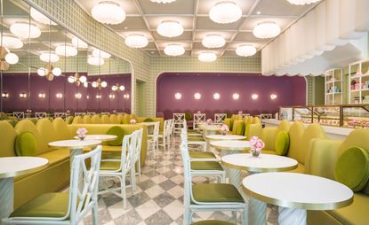 Wide view of Laduree salon de the in Tokyo, designed by India Mahdavi 