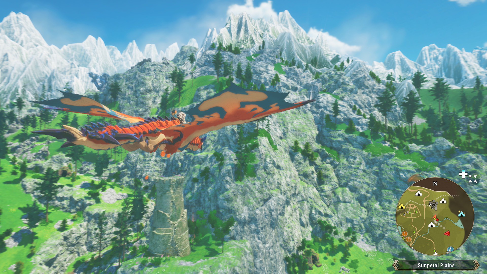 Flying on the back of a Rathalos above greenery in Monster Hunter Stories 3: Twisted Reflection