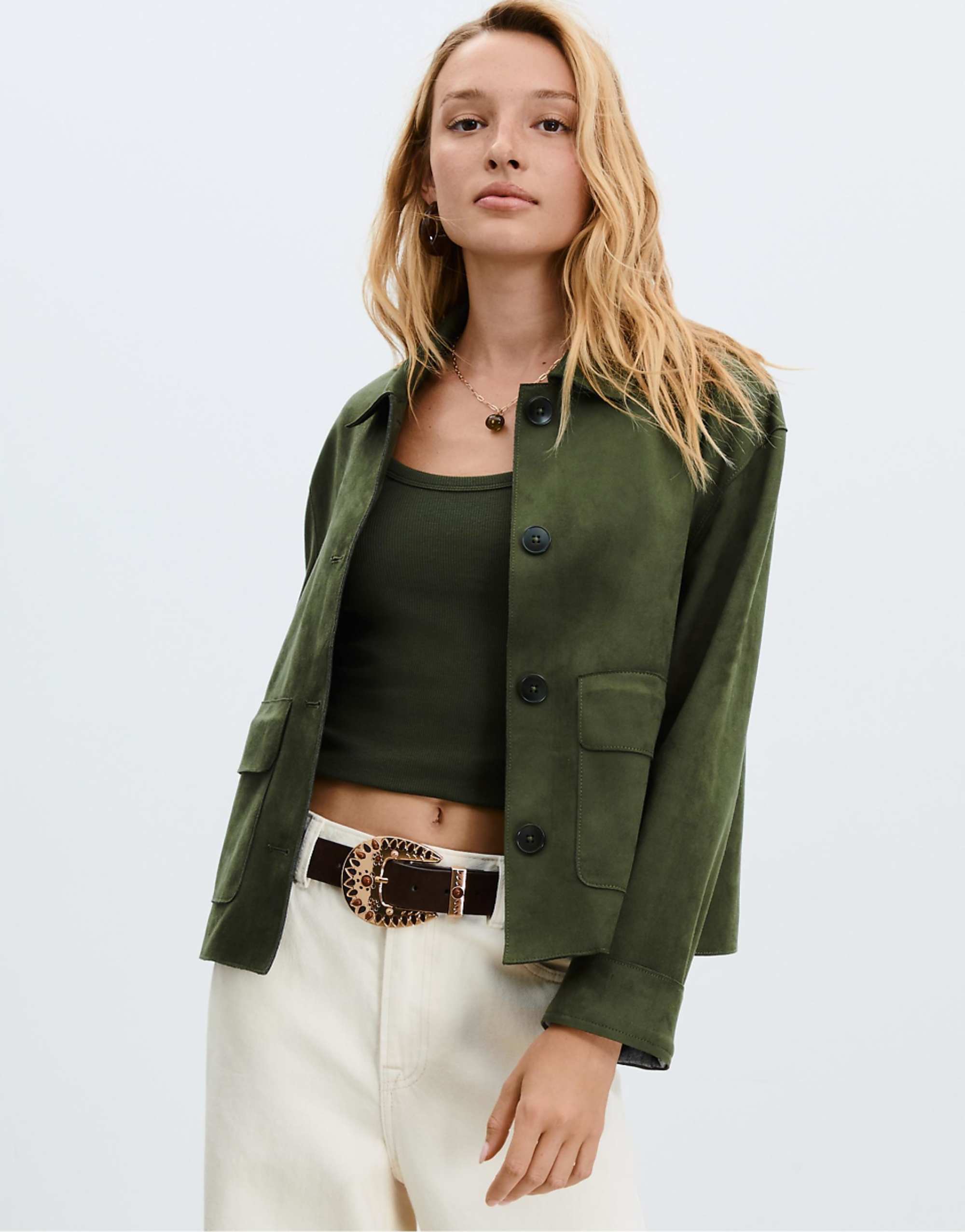 Stradivarius Faux Suede Jacket With Pockets in Green