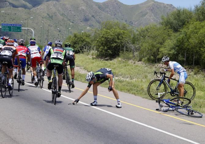 A rider making sure to remember his glasses after a crash