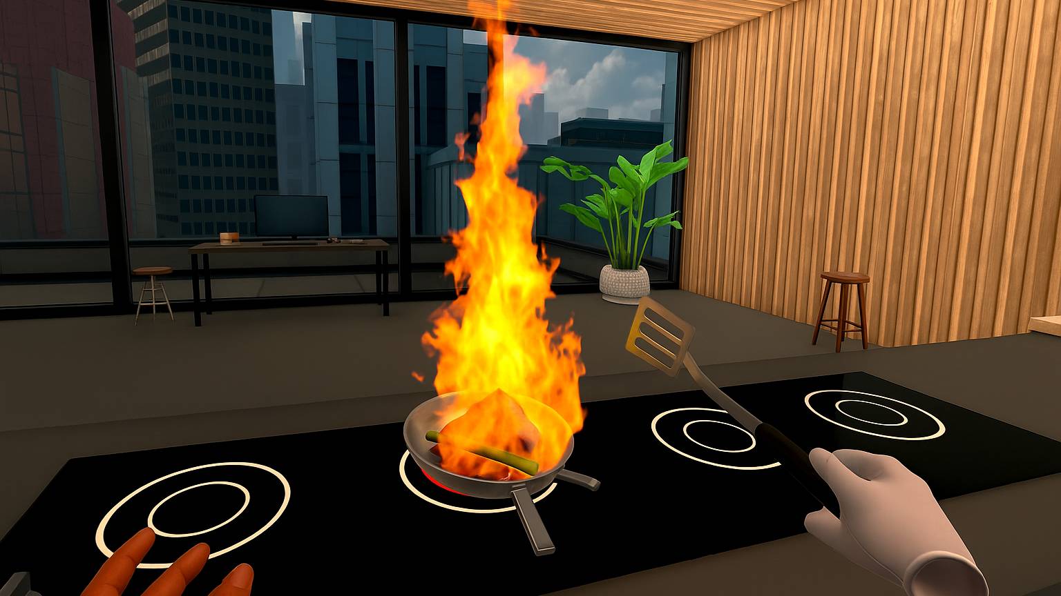 Cooking Simulator VR showing pan on fire
