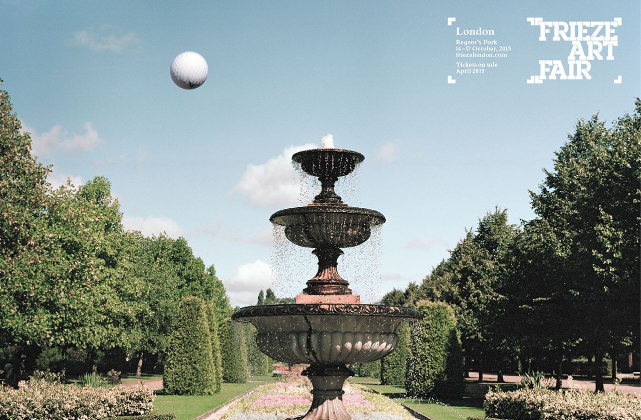 Golf ball flying towards a fountain