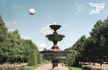 Golf ball flying towards a fountain