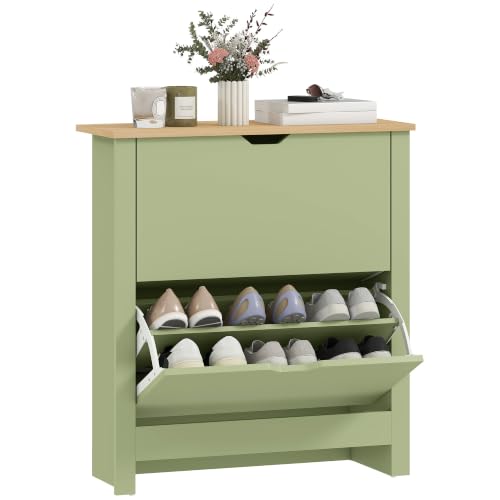 Homcom Shoe Cabinet Ultra Slim 2 Flip Drawers 6-12 Pairs Green