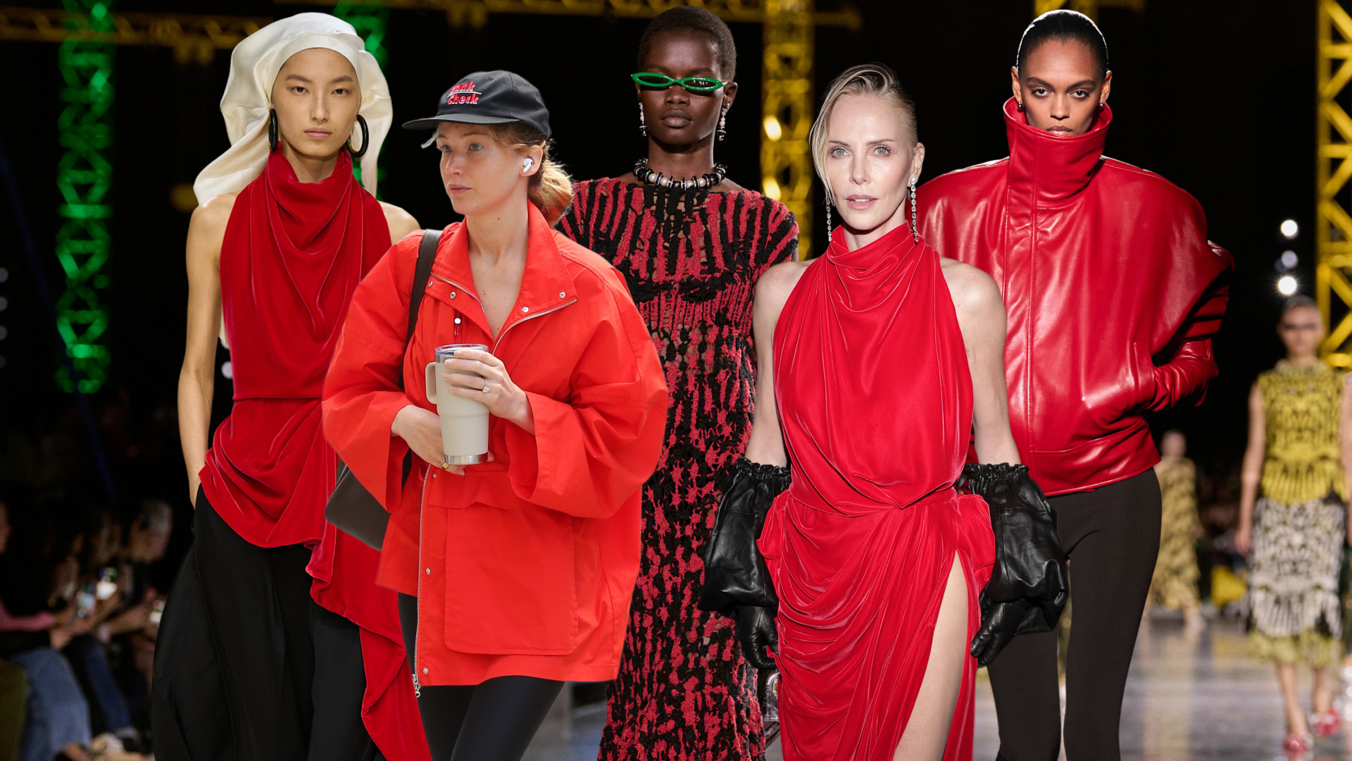 A collage of celebrities and models wearing the red-and-black color combination for summer 2026
