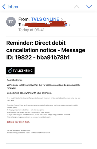 Screenshot of TV licence scam email