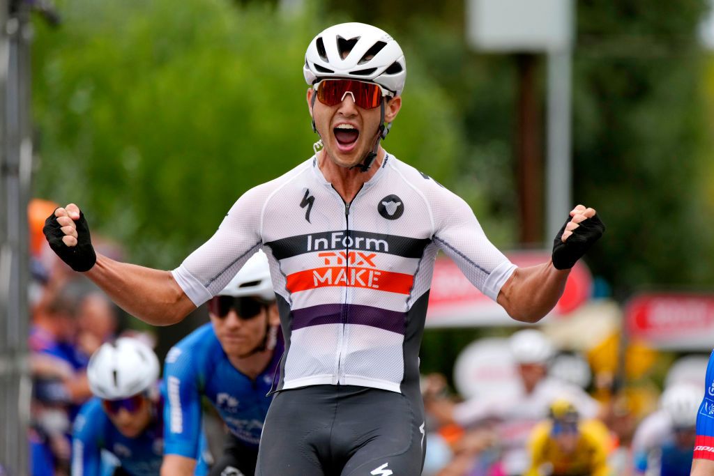 WOODSIDE AUSTRALIA JANUARY 28 Blake Quick of Australia and Team Inform Tmx Make celebrates winning during the 2nd Santos Festival Of Cycling 2022 Mens Elite Stage 2 a 1129km stage from Mount Lofty to Onkaparinga Valley Road Woodside TourDownUnder on January 28 2022 in Woodside Australia Photo by Daniel KaliszGetty Images