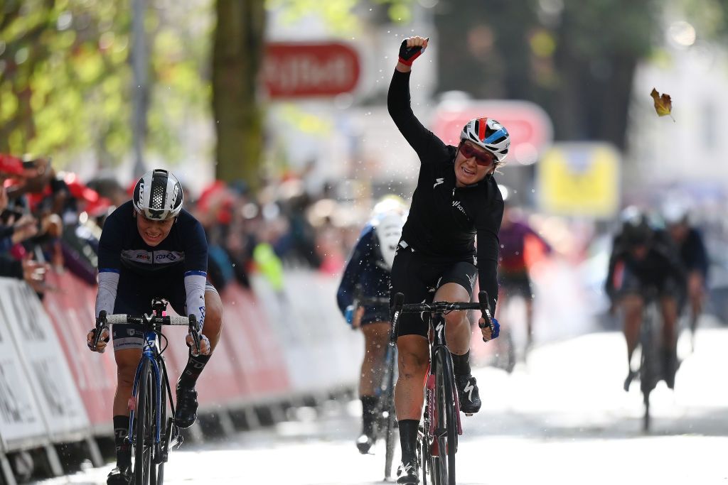 WALSALL ENGLAND OCTOBER 05 Amy Pieters of Netherlands and Team SD Worx celebrates winning during the 7th The Womens Tour 2021 Stage 2 a 1022km stage from Walsall to Walsall thewomenstour UCIWWT on October 05 2021 in Walsall England Photo by Justin SetterfieldGetty Images