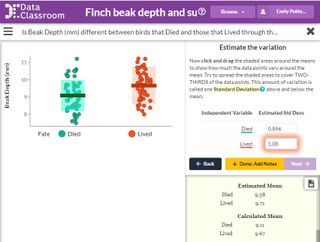 Screenshot of DataClassroom dot graph of finch beak sizes.