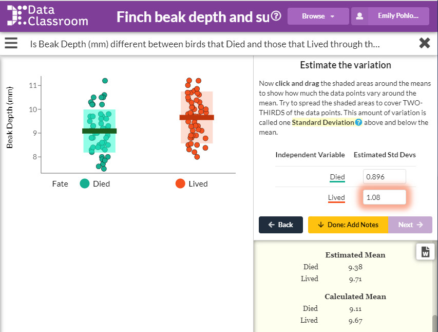 Screenshot of DataClassroom dot graph of finch beak sizes.