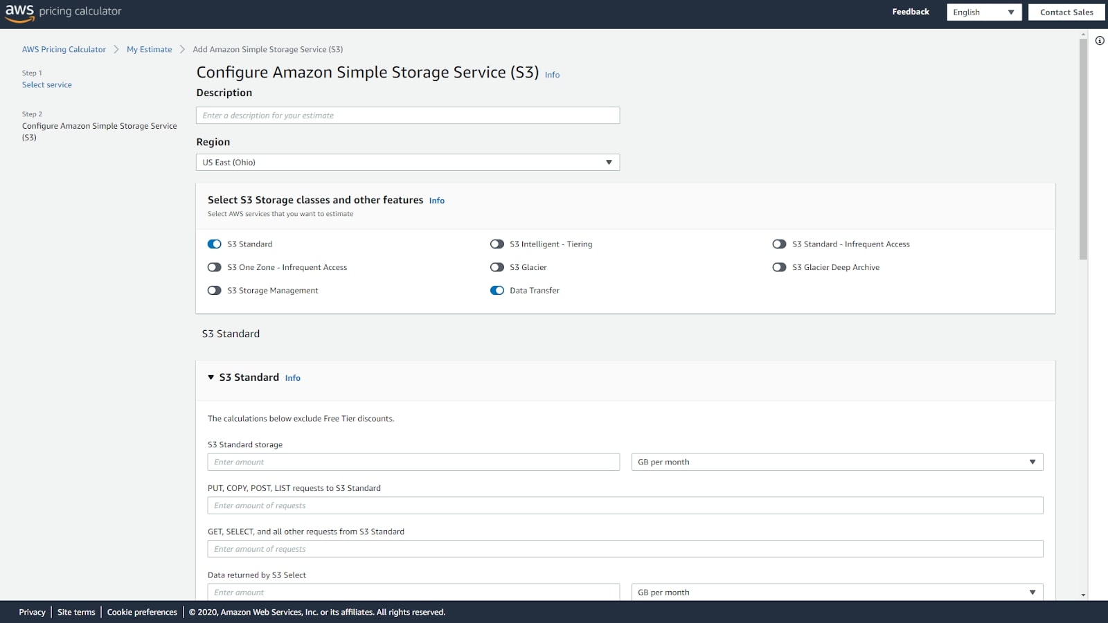 Amazon Web Services' pricing calculator webpage