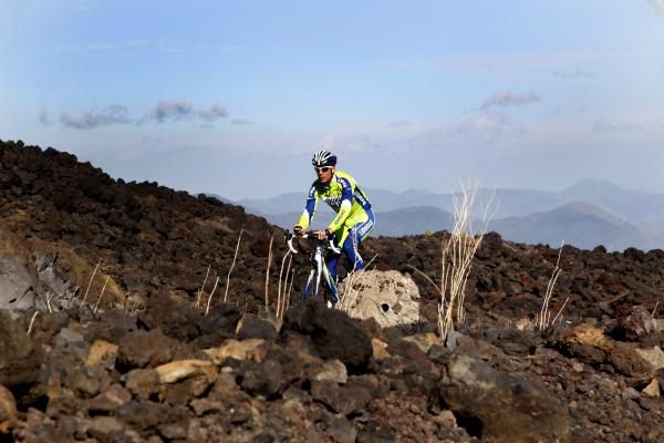 Vincenzo Nibali (Liquigas) climbs through the haunting beauty of Mount Etna.
