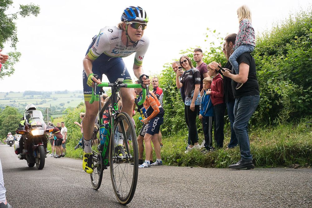 Loren Rowney (AUS) of Orica-AIS Cycling Team digs deep on the first QOM climb of the Aviva Women's Tour 2016 - Stage 5.