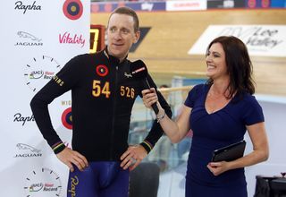 Bradley Wiggins of Great Britain and Team Wiggins celebrates after the UCI One Hour Record at Lee Valley Velopark Velodrome