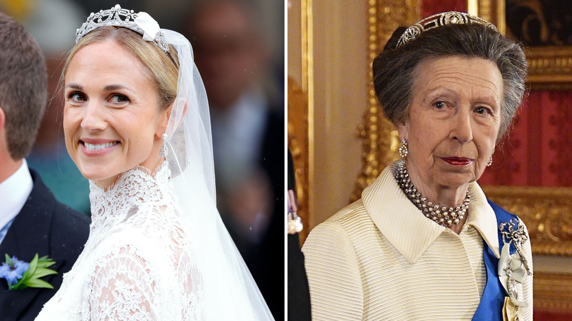 A composite of a picture of Harriet Sperling wearing her wedding tiara and a picture of Princess Anne wearing the Meander Tiara