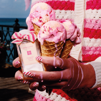 Raspberry ripple ice cream cones dripping over Jo Malone Raspberry Ripple perfume 