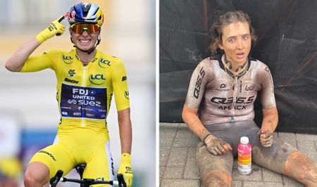 A split image showing, on the left, Demi Vollering pointing to her head in the yellow jersey at the Tour de France Femmes, and on the right, Maddy Nutt sitting down and caked in mud after placing second at Unbound XL